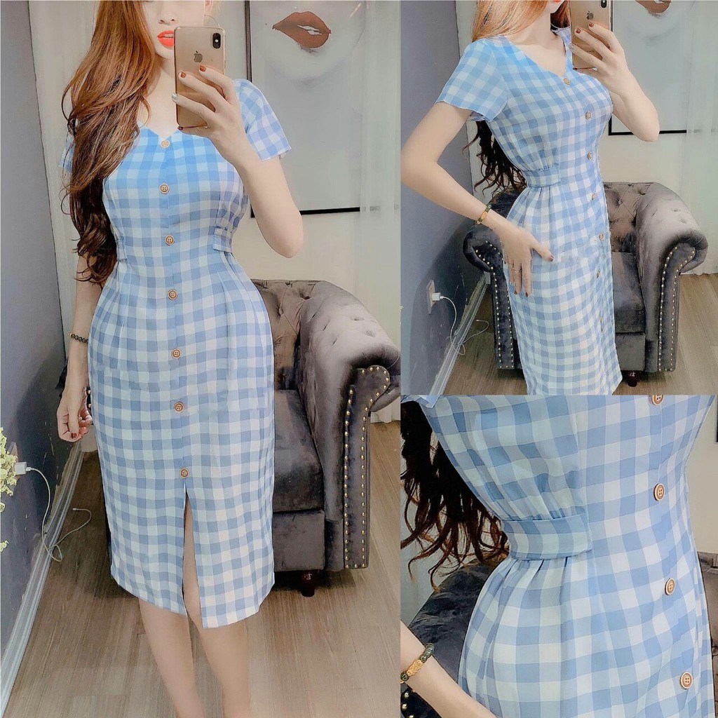 Đầm Dáng Dài 💖KHA NGUYEN💖 Váy Kẻ Caro Dáng Dài Xẻ Trước Nhẹ Nhàng Nữ Tính - Thiết Kế Cao Cấp
