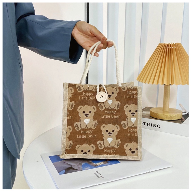 Túi Đựng Hộp Cơm Trưa Bằng Vải Lanh Gọn Nhẹ In Hình Gấu Hoạt Hình Dễ Thương Dành Cho Học Sinh