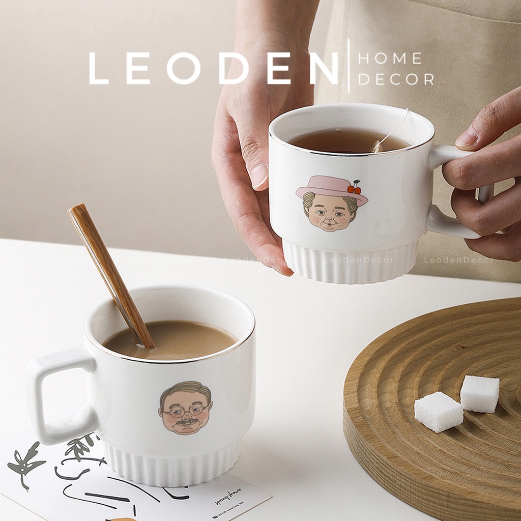 Cốc sứ dễ thương couple hình ông bà già , ly sứ dễ thương có quai cao cấp phong cách hàn Quốc - LEODEN Decor