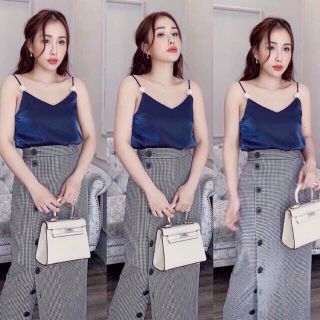 Áo 2 dây lụa cổ tim dây đính ngọc ( kèm ảnh thật)