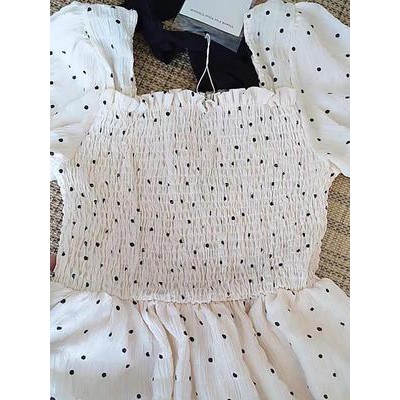 Váy chấm bi cổ vuông thắt nơ sau lưng dáng dài tiểu thư cô gái Pháp