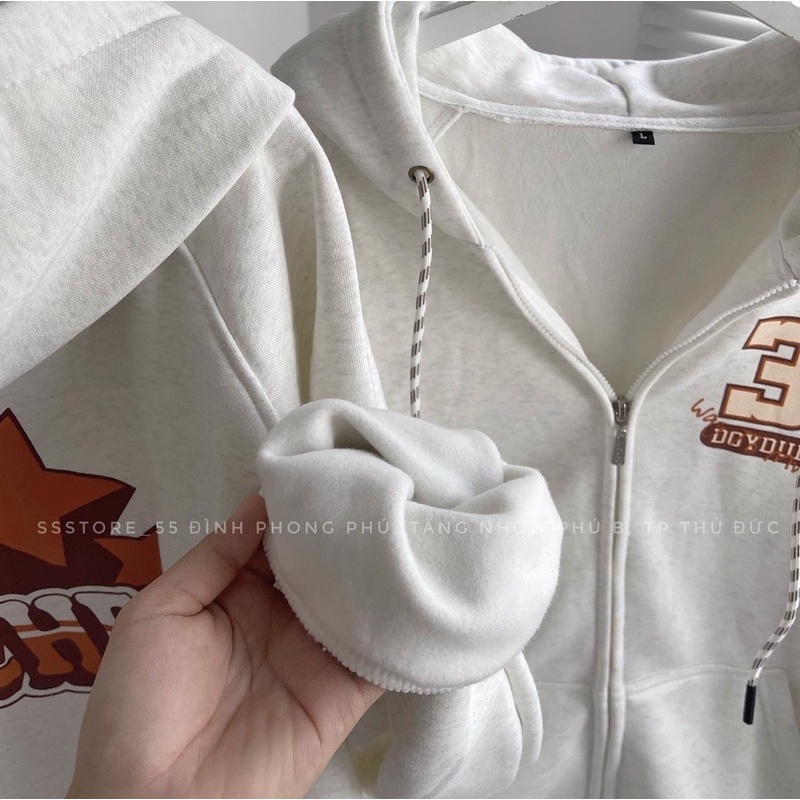 Áo khoác hoodie zip có nón vải nỉ cotton lót bông in họa tiết số 33 màu xám trắng form rộng unisex nam nữ - SSSTore