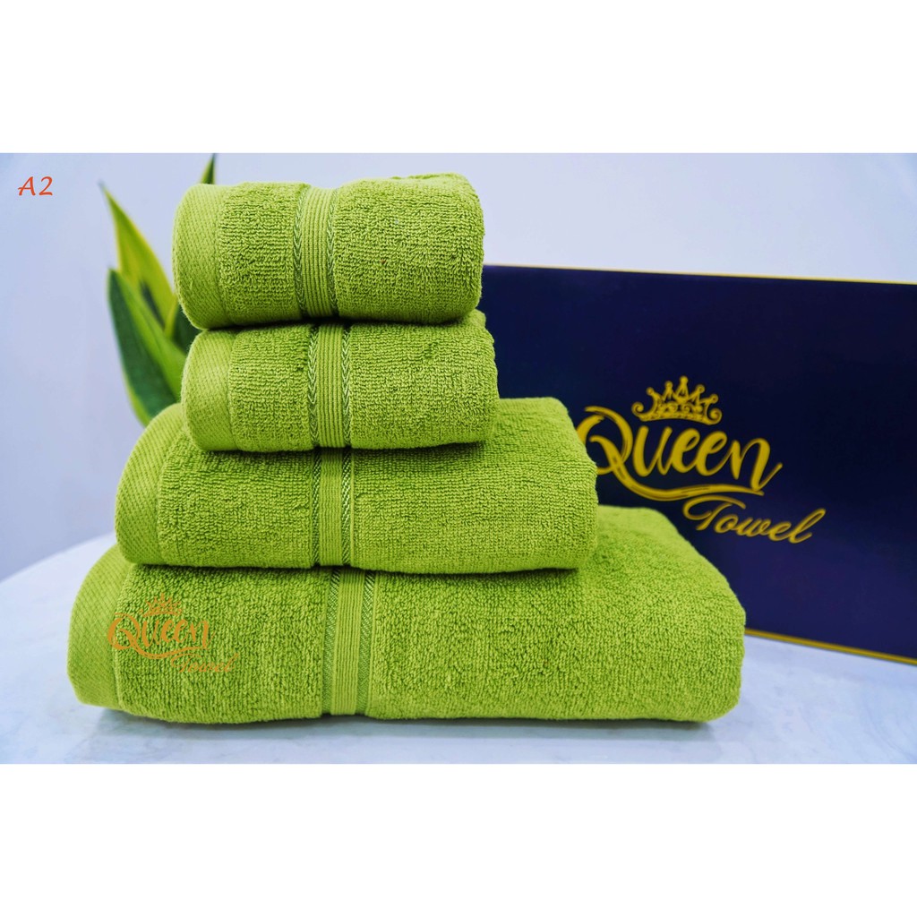 Combo 4 khăn tắm gội mặt cao cấp QUEEN TOWEL 100% cotton dày dặn mềm mịn không phai màu