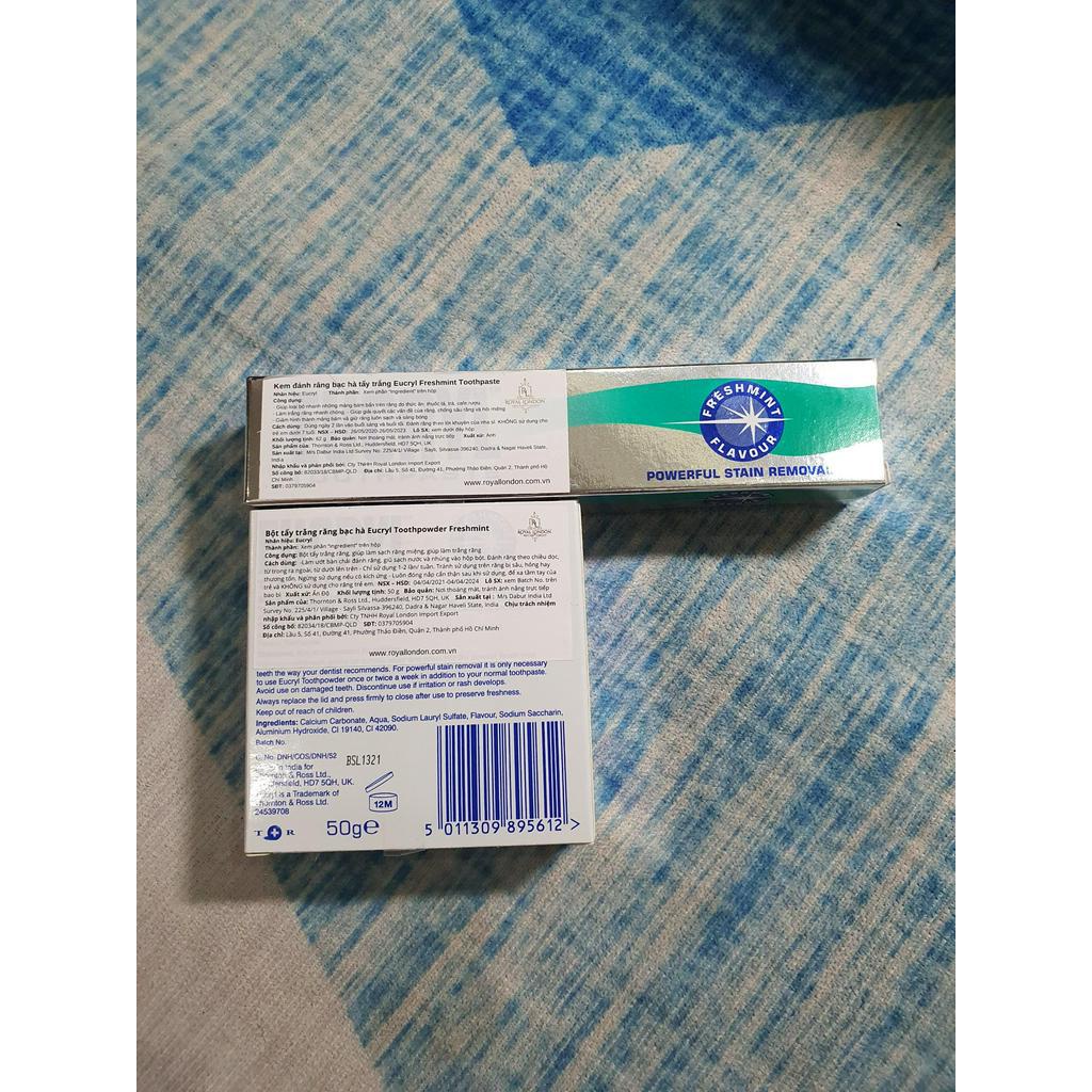 Combo 2 Món Kem và Bột Trắng Răng Eucryl Tooth Paste Freshmint Hương Bạc Hà - Anh [ Combo Trắng Răng ]