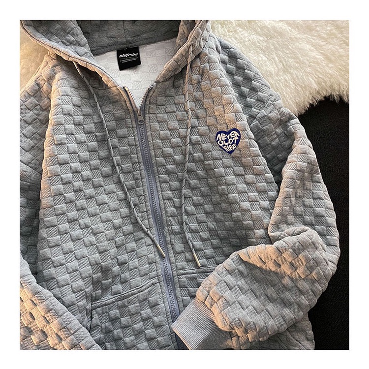 Áo khoác hoodie nỉ khóa kéo vân nổi phong trái tim cách Hàn Quốc