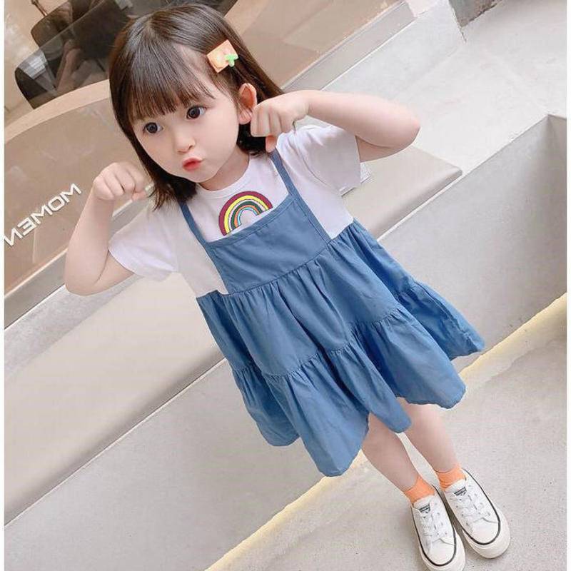 Children's fake two-piece dress summer girls cute cartoon princess dress Western style mid-length skirt loose pattern random