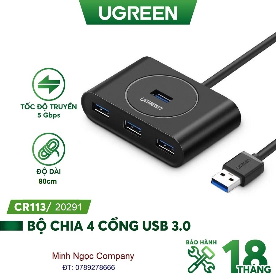 Hub bộ Chia USB 4 Cổng 3.0 UGREEN 20291 dây dài 1m - Hàng Chính hãng