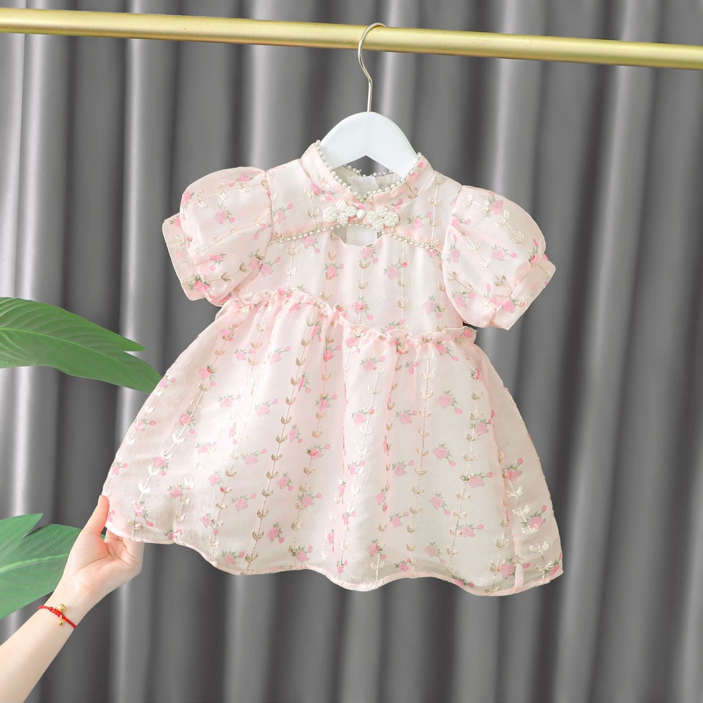 [Yumi's House] Đầm xòe cổ sườn xám phối ngọc cho bé gái hàng Quảng Châu cao cấp