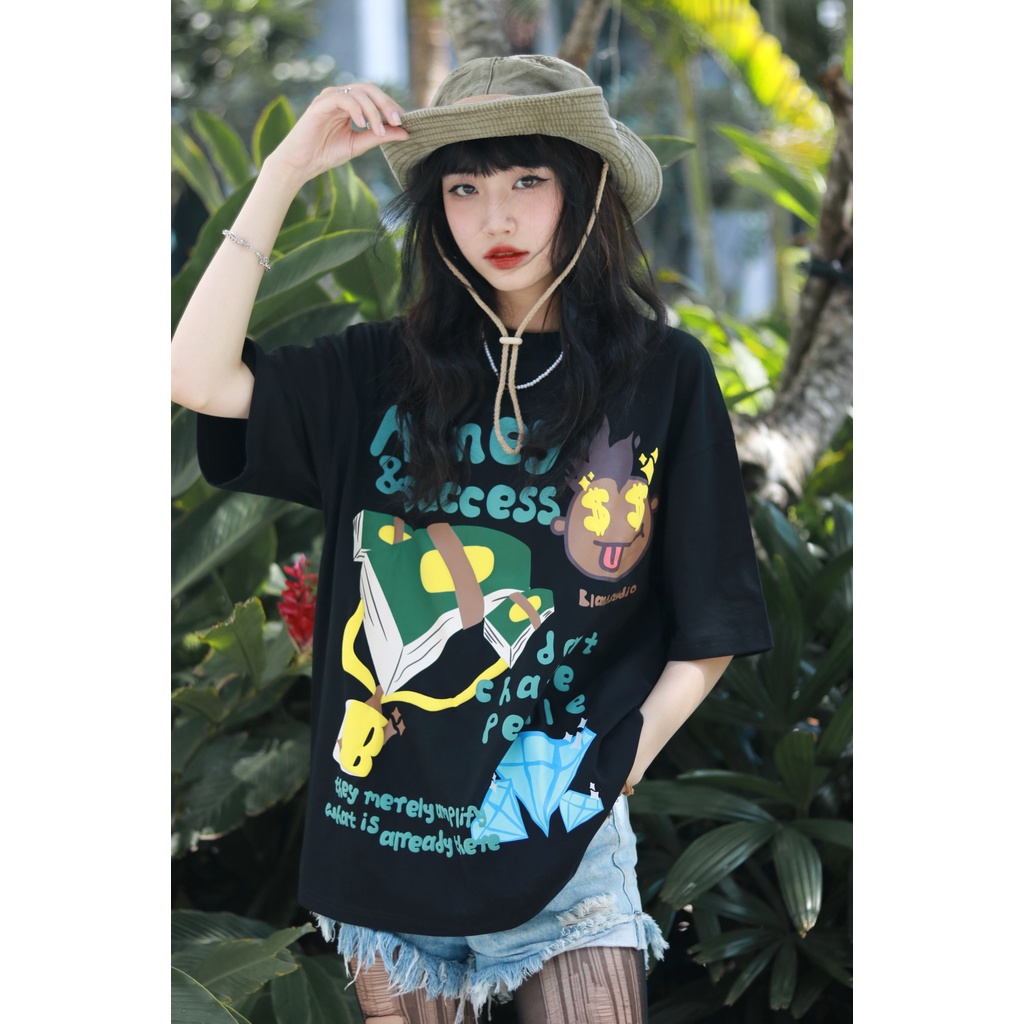 BLANK | Áo Thun Money &amp; Success Tay Lỡ Unisex - Đen/Trắng Cổ Tròn