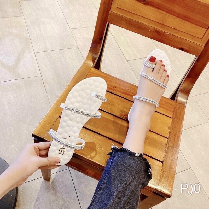 { Hình thật } Dép xỏ ngón đính đá 3 dây đế massage chống trượt