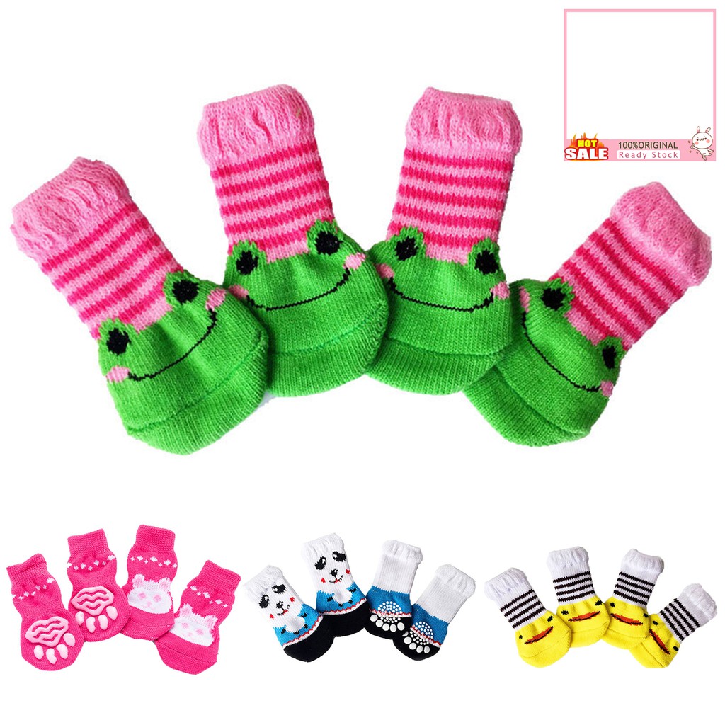 Set 4 chiếc vớ cotton chống trơn trượt họa tiết hoạt hình dễ thương dành cho thú cưng