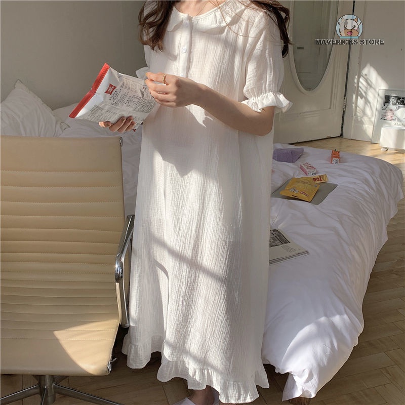 Đầm ngủ tay ngắn cổ búp bê chất liệu cotton phong cách Hàn Quốc thời trang cho nữ
