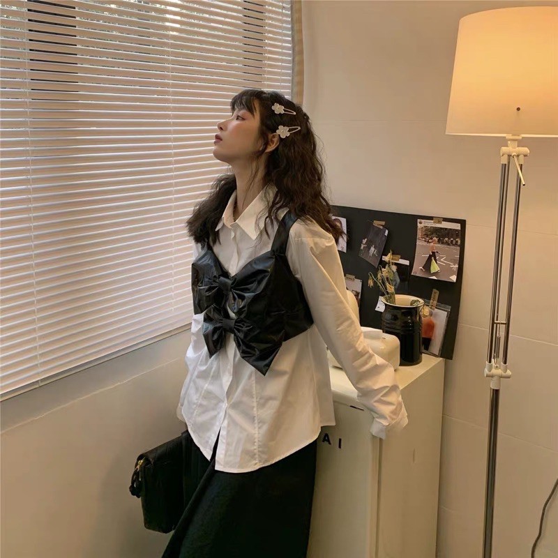 [Có ảnh thật] Set áo crop nơ giả da + áo sơ mi trắng tay dài cá tính phong cách ulzzang Hàn Quốc
