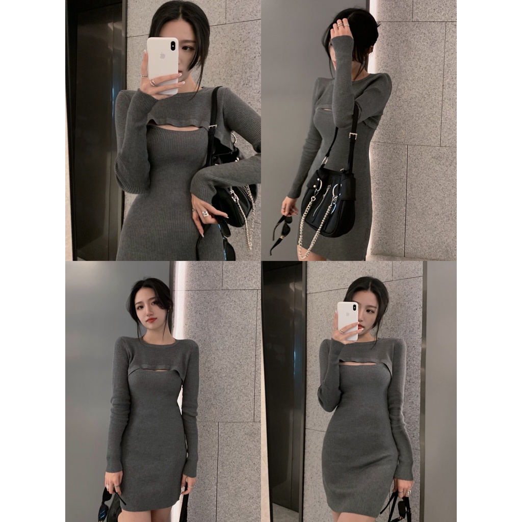 Bộ đồ SUXI gồm đầm 2 dây và áo khoác tay dài phong cách Hàn Quốc thời trang dành cho nữ