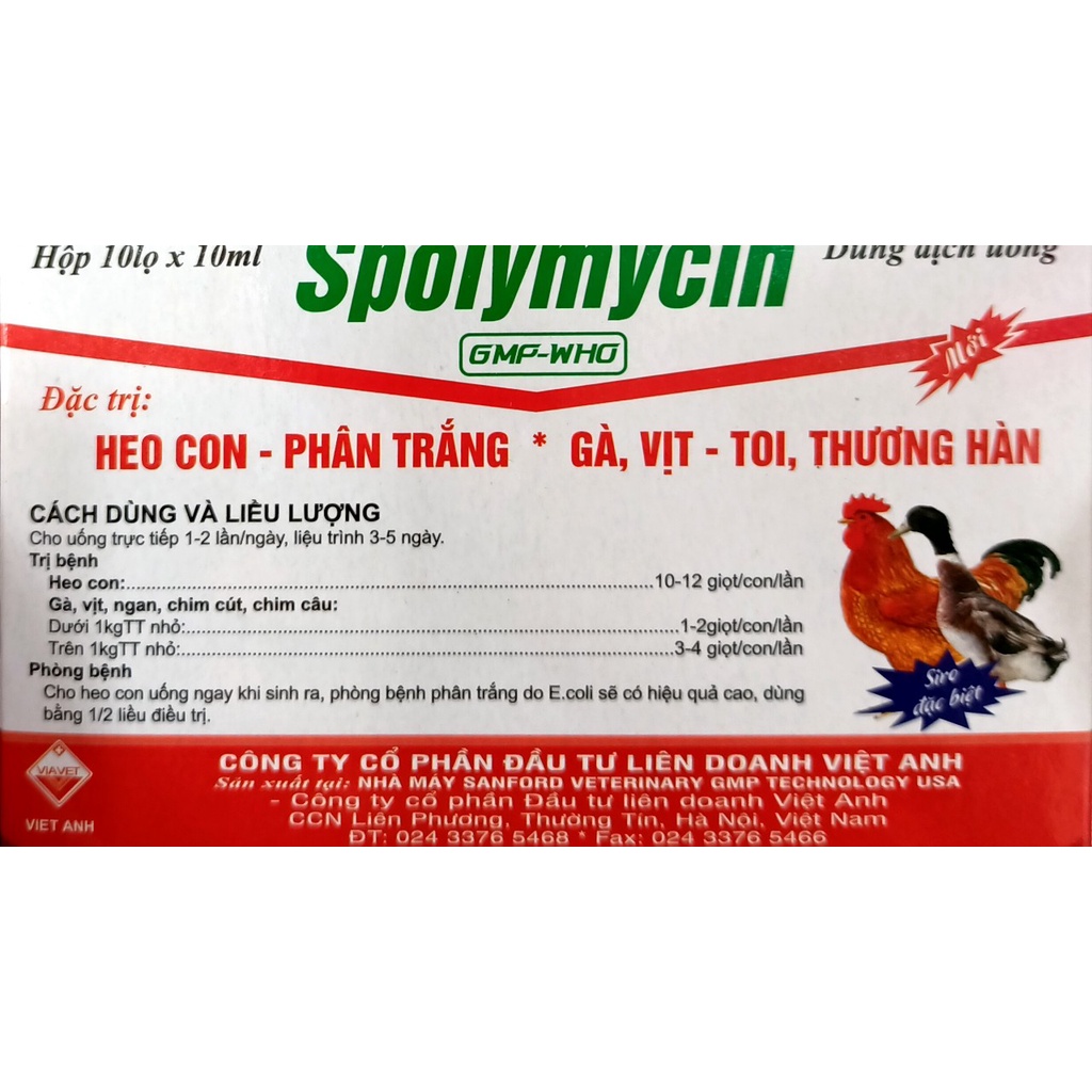 1 HỘP SPOLYMYCIN CHAI 10ML  PHÂN TRẮNG HEO CON, THƯƠNG HÀN, TOI...GÀ VỊT SPO DÙNG TRONG THÚ Y