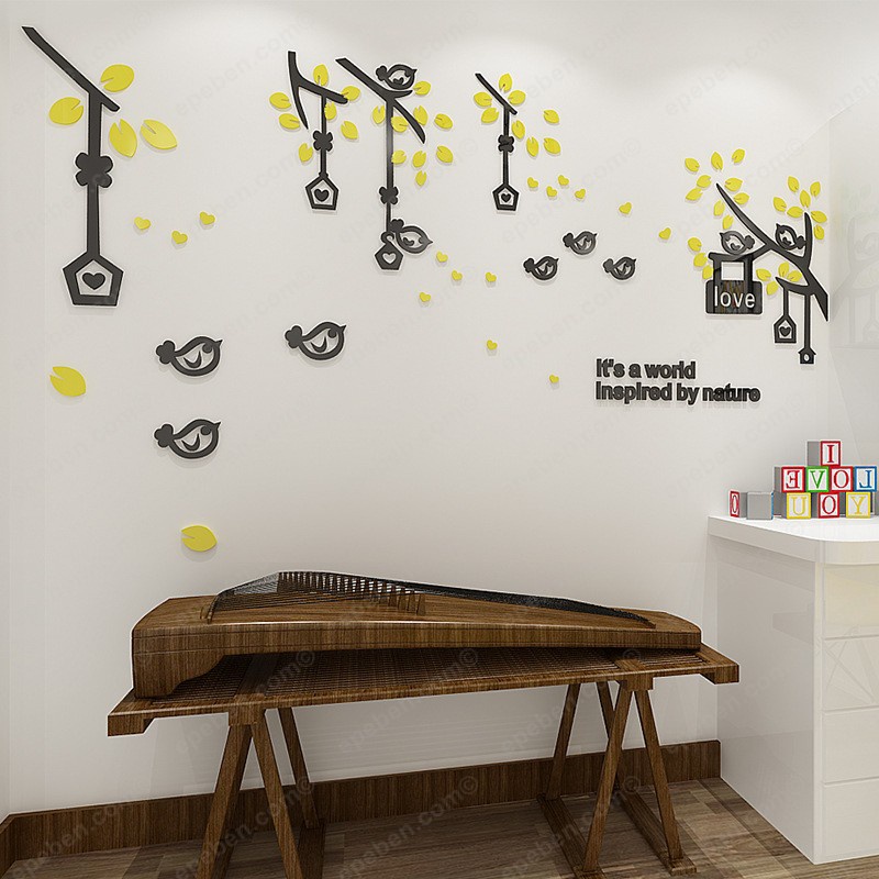 Tranh dán tường mica 3d decor khổ lớn đàn chim về tổ trang trí phòng khách, phòng ngủ Nhiều Size - EPeBen