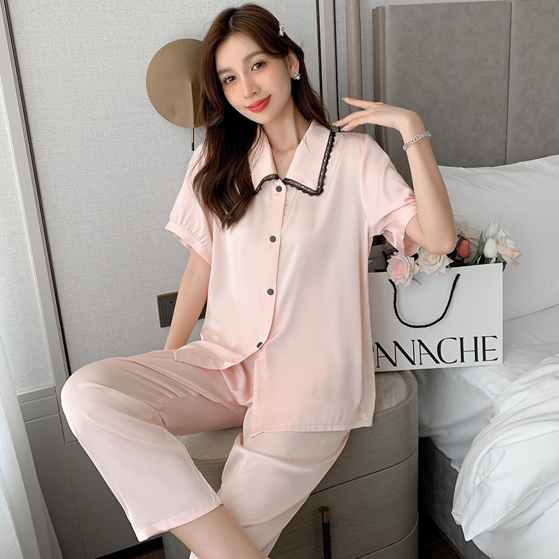 Bộ Đồ Ngủ Ngắn Tay Bằng Lụa Mát Thời Trang Mùa Hè Giản Dị