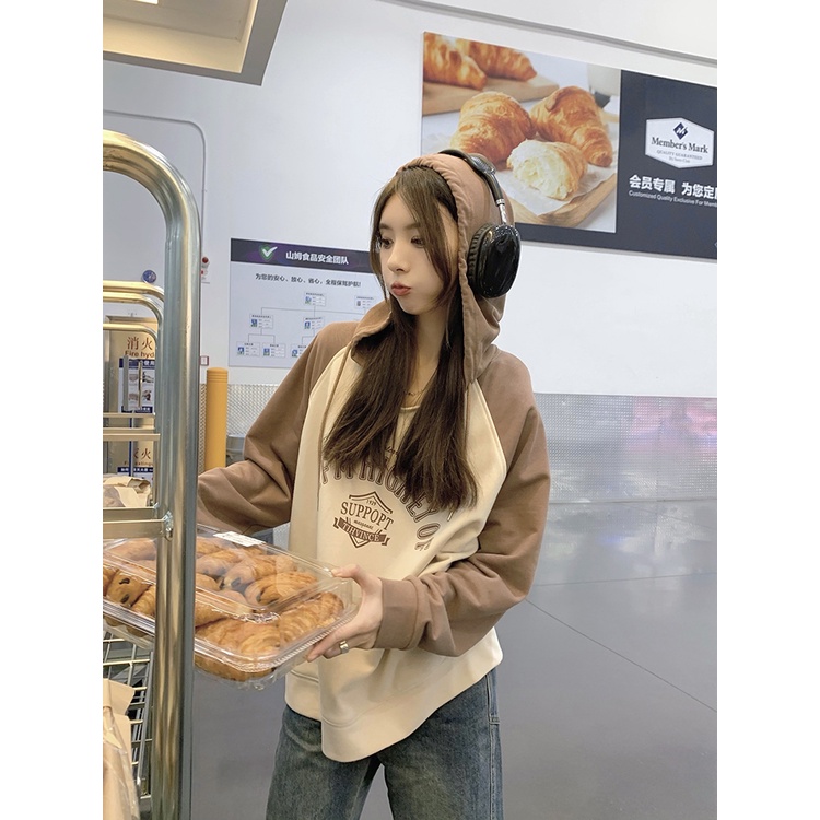 Áo hoodie nữ tay dài dáng rộng in hình màu sắc retro dễ phối đồ phong cách Mỹ