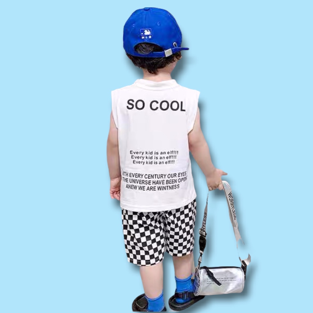 Bộ quần áo bé trai Con Xinh cotton sát nách hình in Nón COOL, thười trang mùa hè dành cho trẻ em từ 4 đến 10 tuổi