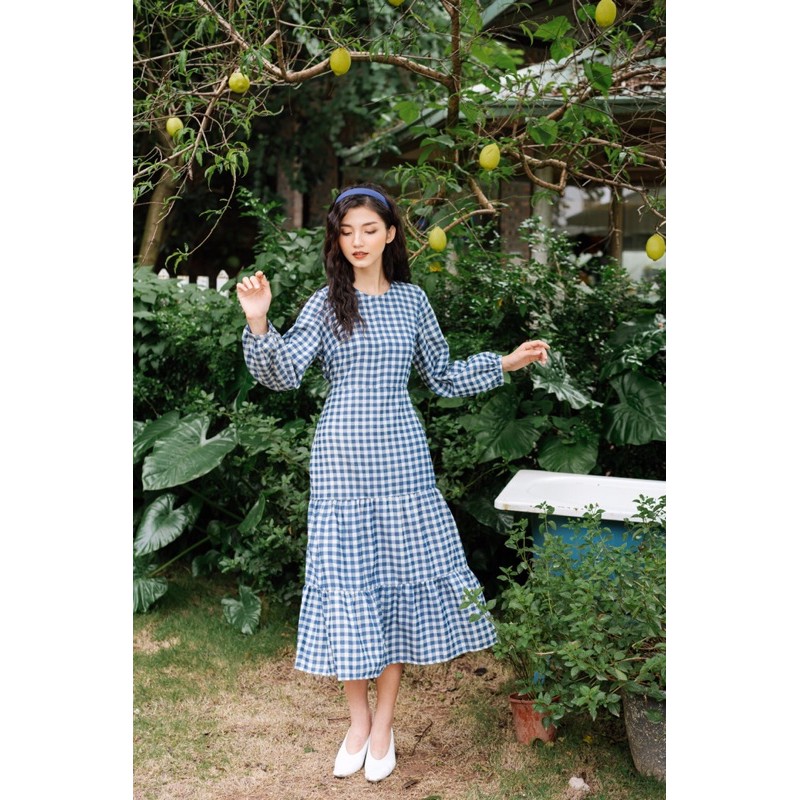 𝐁𝐞𝐥𝐥𝐚 𝐃𝐫𝐞𝐬𝐬 - Desing by momizi hoạ tiết gingham xanh dương, váy dáng dài xoè tầng