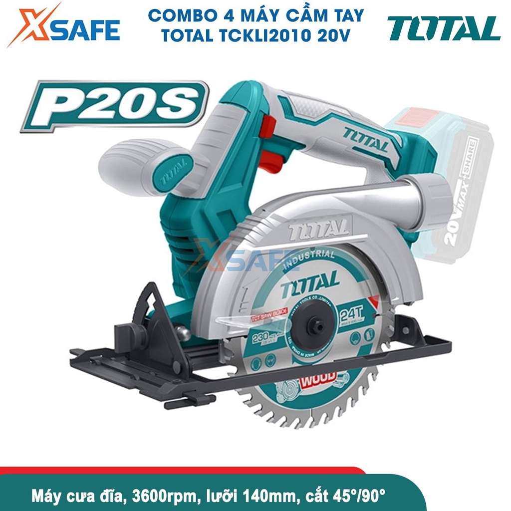 Bộ 4 máy cầm tay dùng pin 20V TOTAL TCKLI2010 gồm máy khoan, máy bắn vít, máy cưa lọng, máy cưa đĩa, 2pin 4a.h và 1 sạc