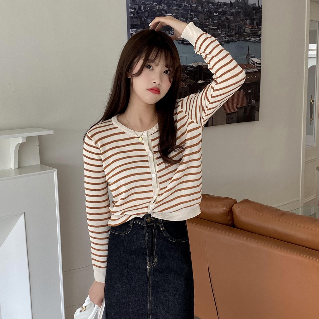 Áo khoác cardigan dệt kim mỏng dáng rộng kẻ sọc phong cách Hàn Quốc