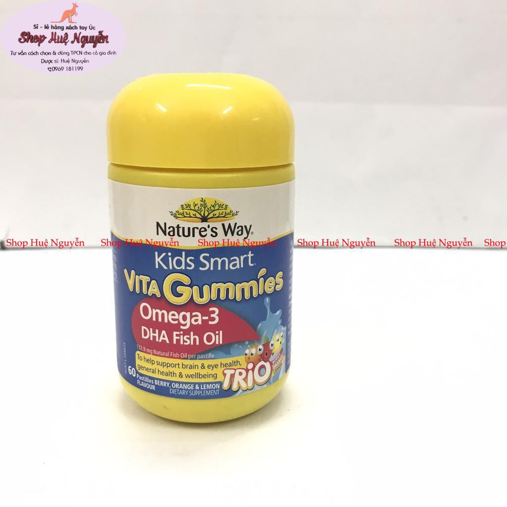 Vita Gummies Nature's Way Úc 60 viên, bổ sung vitamin cho bé dạng kẹo cảm cúm, biếng ăn, canxi, omega3, Zinc