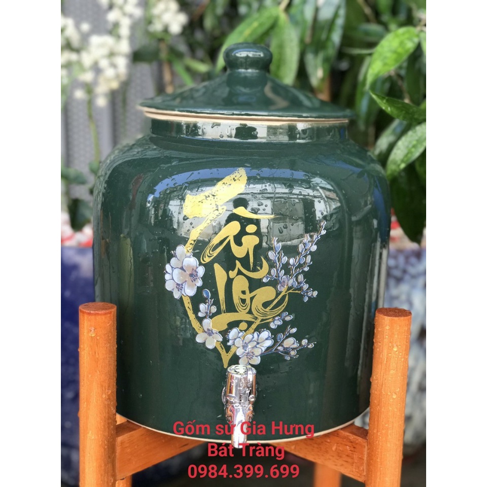 Bình nước gốm sứ Bát Tràng loại 8lit + 10L màu xanh lục bảo