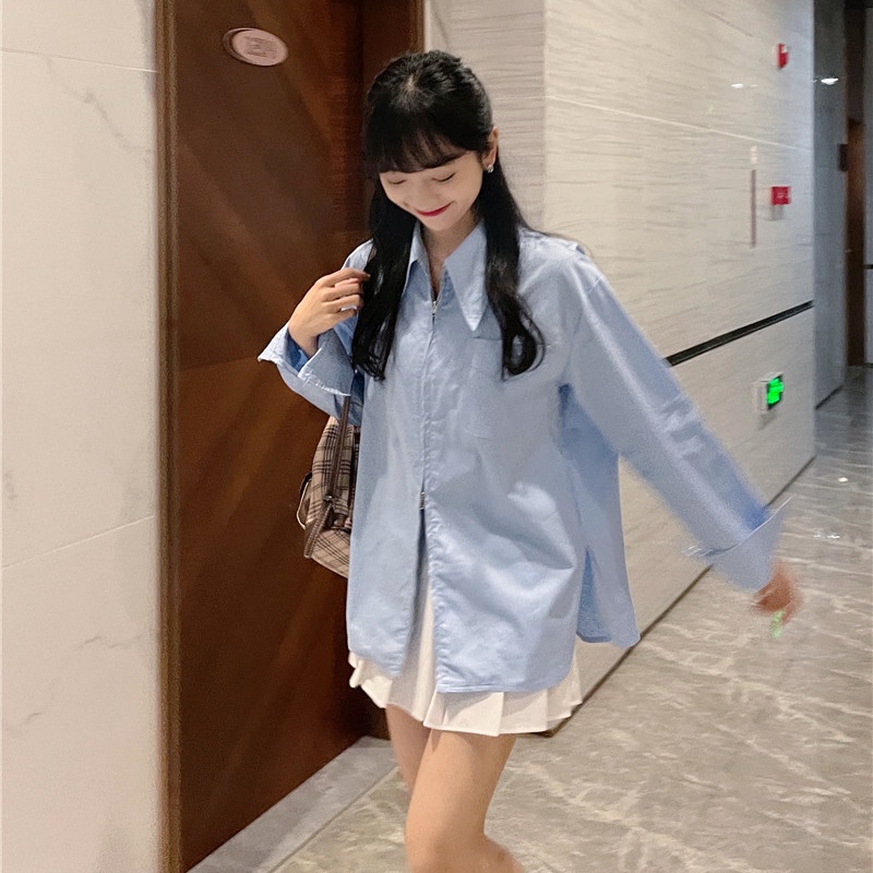 Áo Sơ Mi Tay Dài Màu Trơn Dáng Rộng Phong Cách Hàn Quốc Thời Trang Cho Nữ