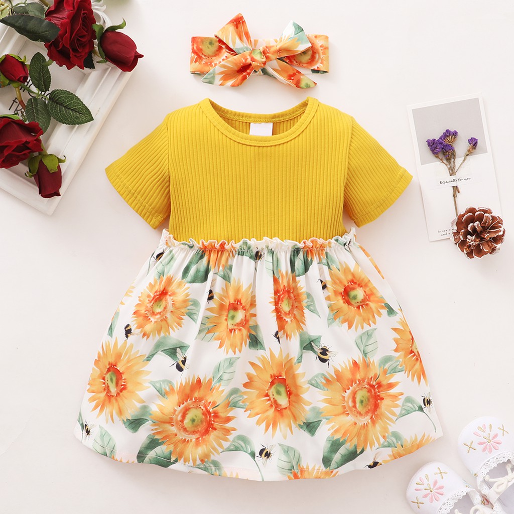 Set đầm + băng đô Mikrdoo vải cotton in hoa phong cách mùa hè xinh xắn dành cho bé gái