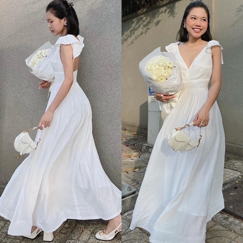 ✨BÁN SỈ✨Đầm maxi xòe hở lưng 2 lớp cánh tiền màu trắng chất xốp nhăn
