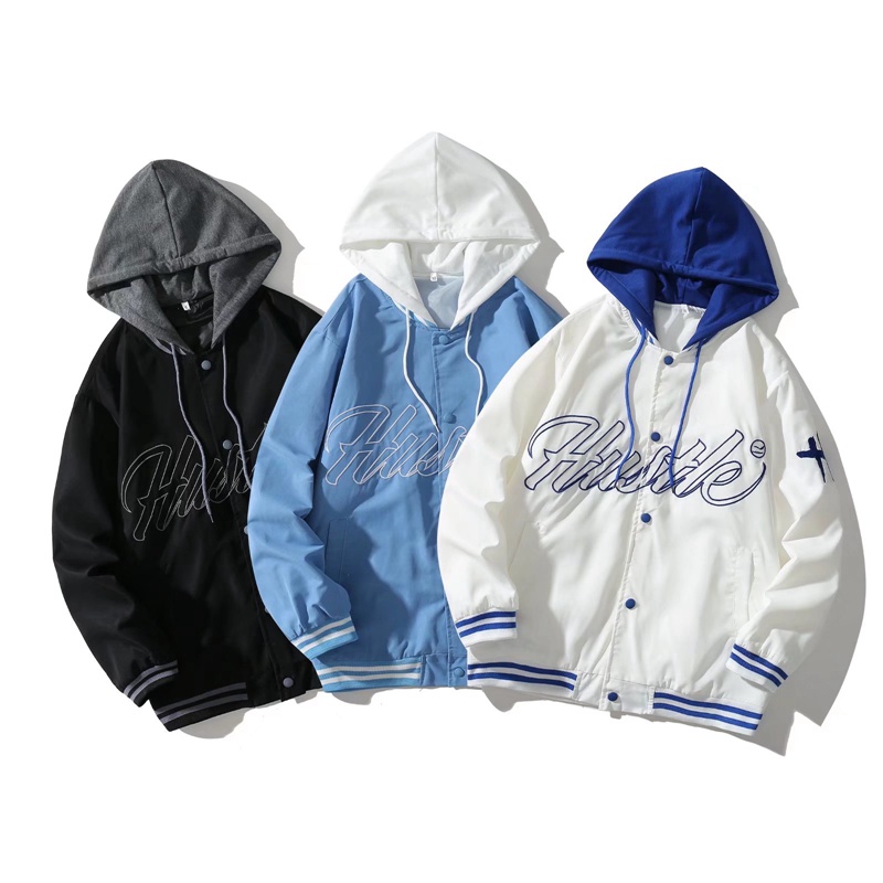 Áo khoác bóng chày hai lớp có mũ phong cách Hàn Quốc thời trang cho unisex