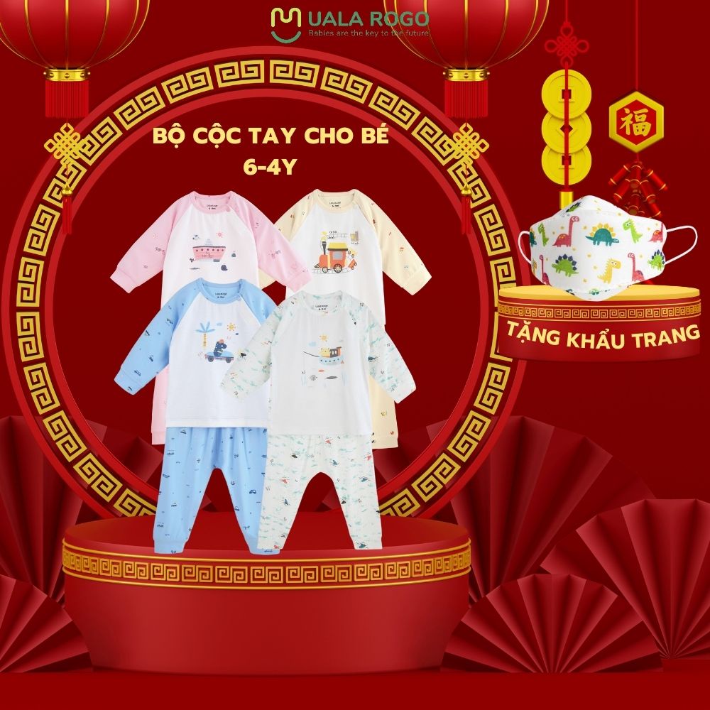 Quần áo bé trai dài tay MỎNG Ualarogo 6 tháng-3 tuổi vải Petit cúc bấm cổ thu đông họa tiết động vật 2240