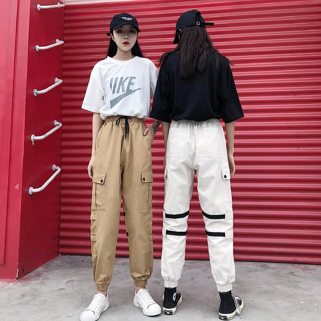 Quần dài hip-hop eo cao dáng rộng thiết kế năng động hợp thời trang