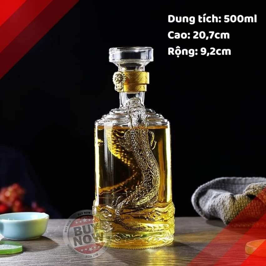 [ VIPShop ] Vỏ Bình Thủy Tinh Đựng Rượu 500ml, Chai Đựng Rượu Hoa Văn Rồng Thần, CTT-11
