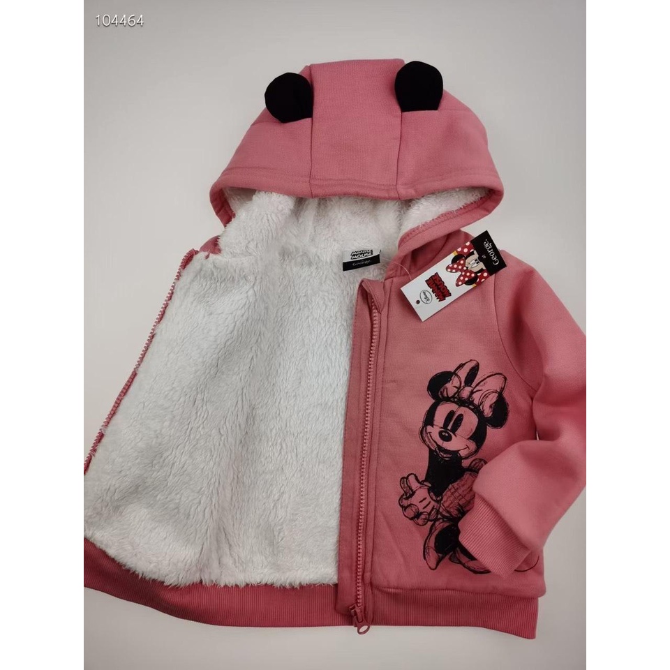 Áo khoác kéo khóa nỉ hồng lót lông micky có mũ cho bé gái tiện dụng từ 1 -5 y