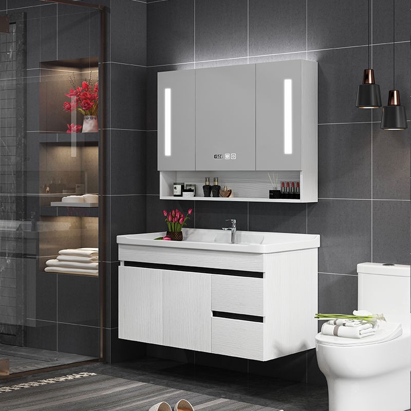 Bắc Âu thông minh kết hợp tủ phòng tắm bằng gỗ rắn căn hộ nhỏ treo tường chậu rửa tay gương < | BigBuy360 - bigbuy360.vn