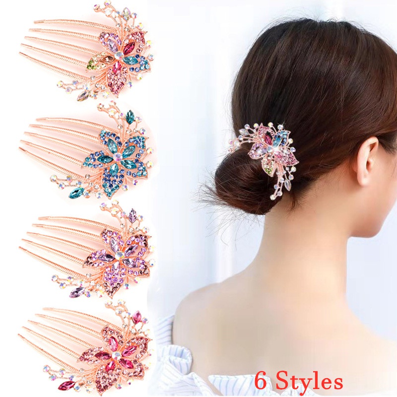 ❥Viburnum♔•Crystal Hair Comb Colorful Flowers Rhinestone Hairpins Exquisite Retro Women's Hollow Out Hairpin Fashion Hair Accessories Headdress 6 Colors