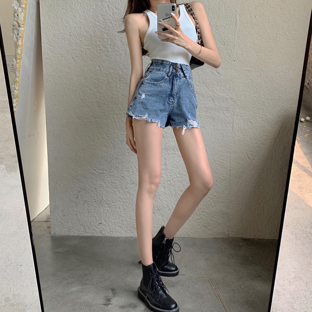 DUNEA Quần Short Denim Lưng Cao Phối Túi Cá Tính Dành Cho Nữ