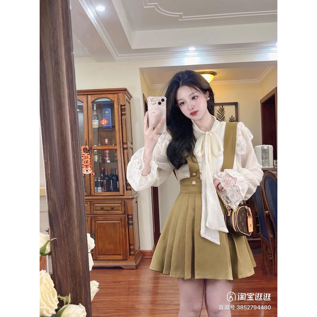 Set Váy Yếm Nhung Nâu Mix Áo Đũi Nơ Viền Ren Hàng 2 Lớp Siêu Xinh Có Ảnh Thật