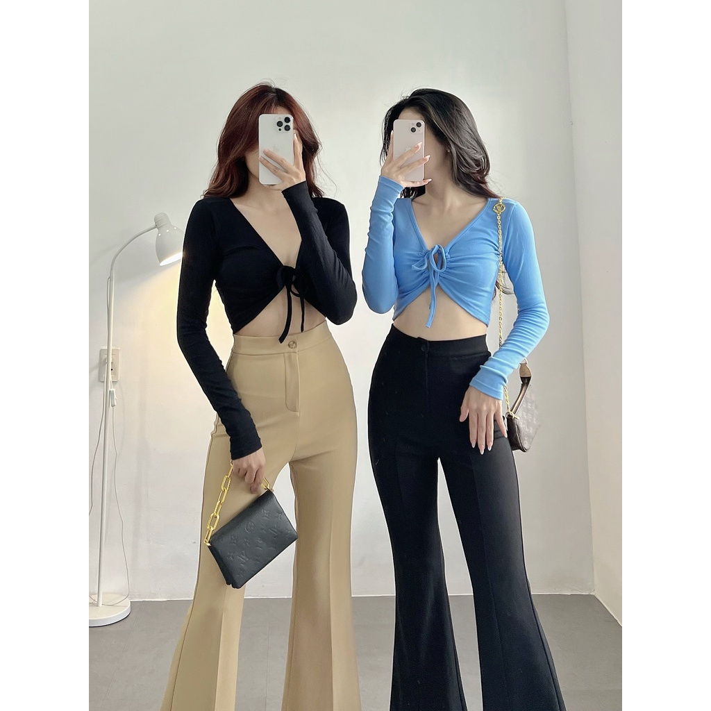 Áo croptop nữ tay dài HHVINTAGE kiểu cổ tim khoen thun co giãn TOP A68