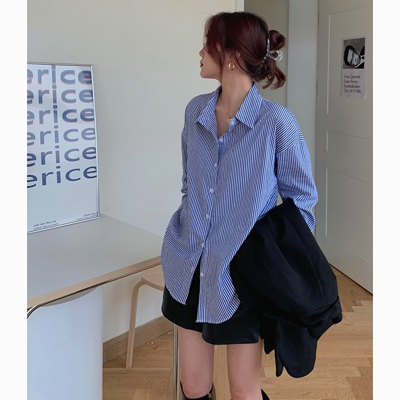 LEEVA - Áo sơ mi nữ phối sọc xanh thanh lịch sang trọng A105