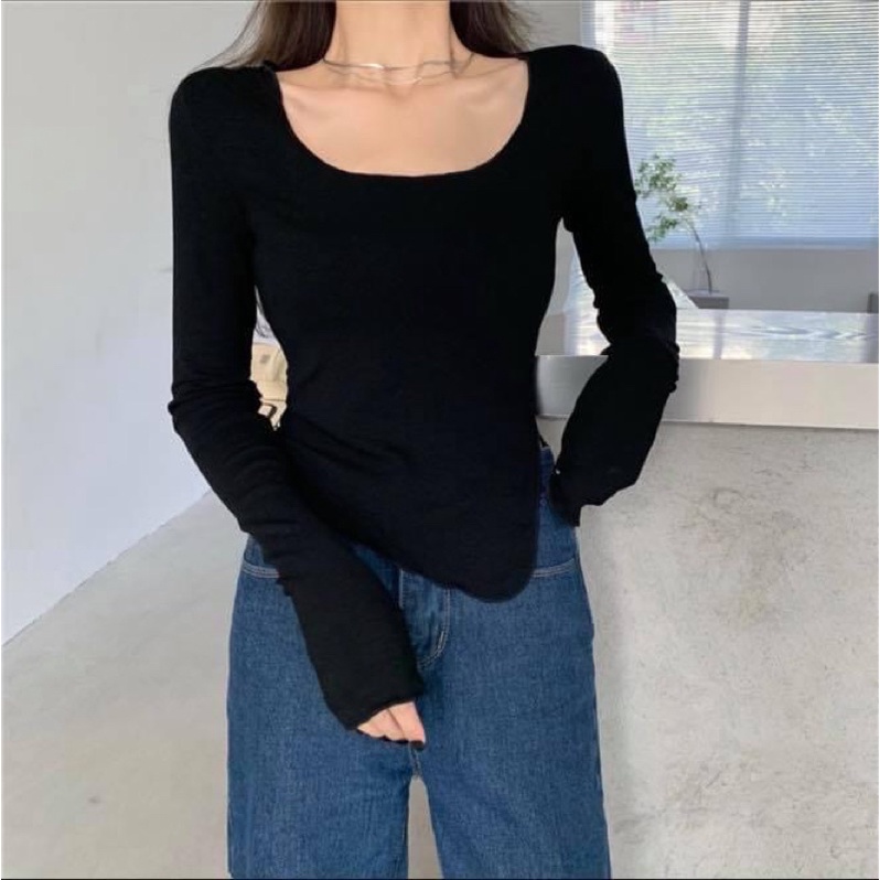 Áo thun tay dài ôm body kiểu nữ vạt chéo xẻ tà trơn cổ tròn - Order taobao quảng châu