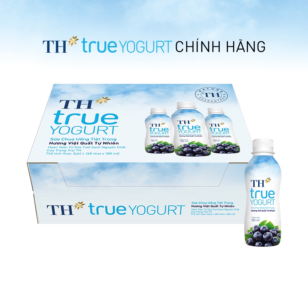 Thùng 48 chai sữa chua uống tiệt trùng hương việt quất tự nhiên TH True Yogurt 180ml (180ml x 48)