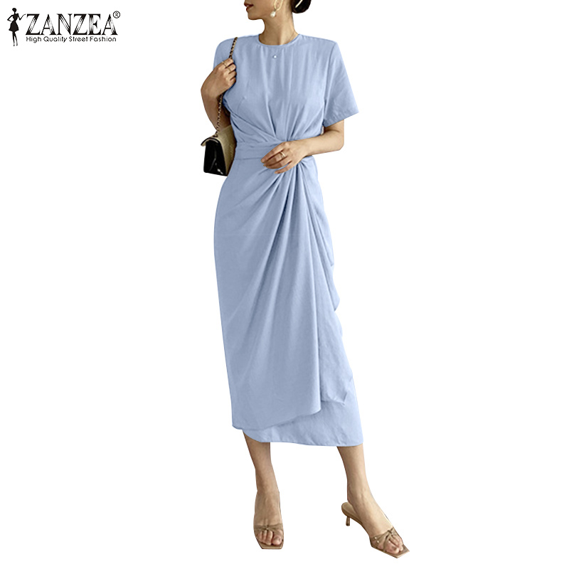 ZANZEA Womens Casual Short Sleeve Solid Pleated Slim Maxi Shirt Dress