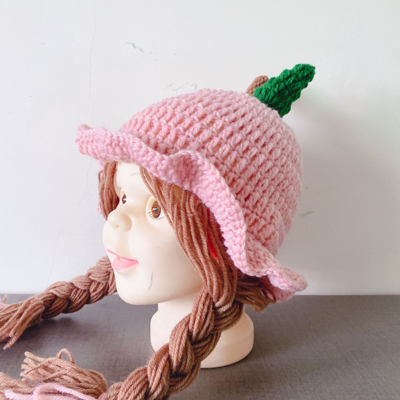Mũ Beanie Dệt Kim Đính Tóc Giả Thắt Bím Dễ Thương Thời Trang Mùa Đông Cho Bé Gái