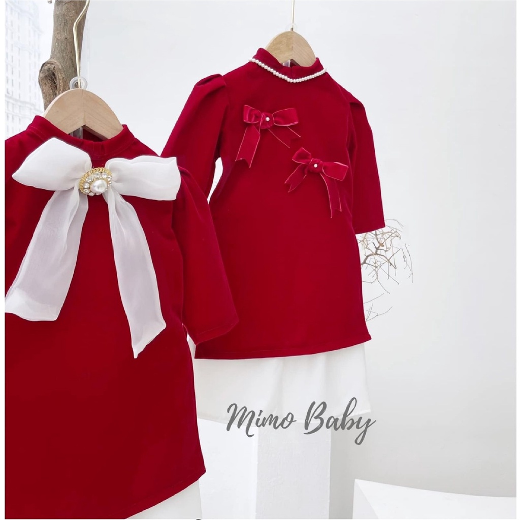 Áo dài nhung đỏ cao cấp hàng thiết kế cho bé gái tặng kèm mấn Mimo Baby AD06