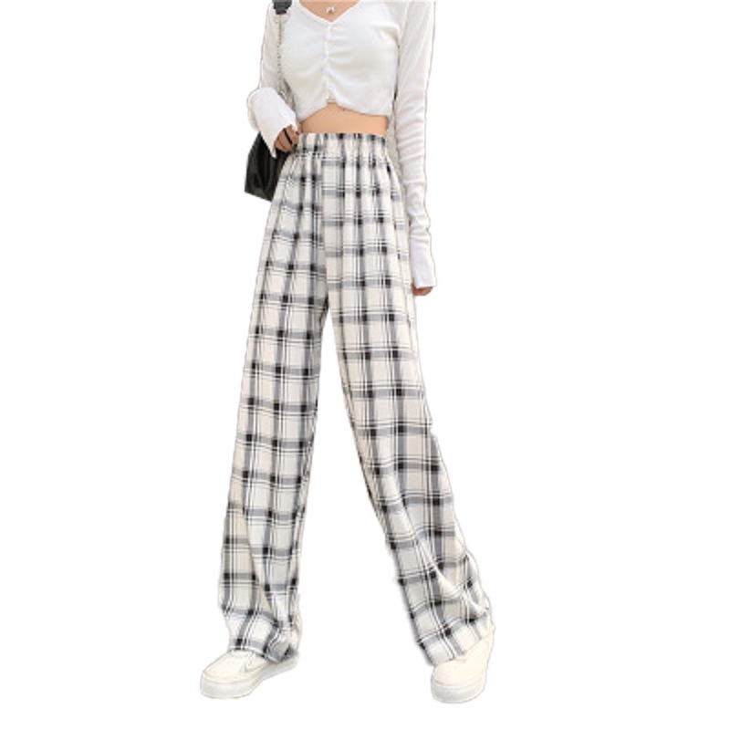 Autumn New Women's Large-size Plaid Wide-legged Pants Women Fat MM High-waisted Straight Straight Loose-fitting Drag Pants