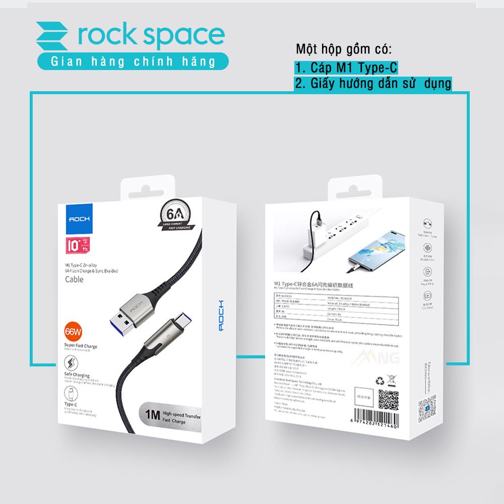 Dây cáp sạc nhanh TypeC Rockspace M1 dây dù sạc nhanh 6A cho samsung oppo, độ dài 1m, hàng chính hãng bảo hành 12 tháng