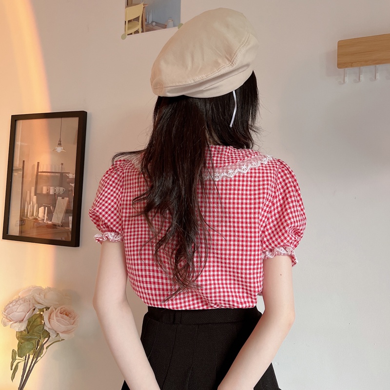Áo sơ mi SUXI tay ngắn dáng ôm cổ búp bê kẻ sọc ca rô dễ thương thời trang mùa hè cho nữ